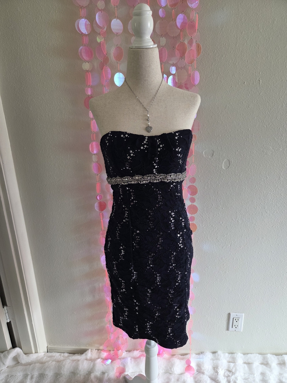 MY Michelle Y2K Navy Blue Lace Sequin Rhinestone Strapless Dress